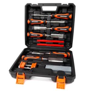 CENFORGE 10-Piece Wood Chisel Set for Woodworking - Professional Cr-V Steel Bevel Edge Chisels (1/4" to 1-1/2") with Honing Guide, Sharpening Stone & Case - Heavy Duty Carving Tools for Carpenters