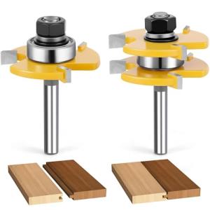 Junreox 2PCS Tongue and Groove Router Bit Set, 3rd Gen. 1/4 Shank Router Bits for 3/4" Stock, 1/2" Cutting Depth, Adjustable 3 Teeth Shaker Cabinet Door Router Bits for Woodworking, Milling, Cutting