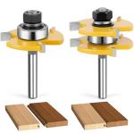 Junreox 2PCS Tongue and Groove Router Bit Set, 3rd Gen. 1/4 Shank Router Bits for 3/4" Stock, 1/2" Cutting Depth, Adjustable 3 Teeth Shaker Cabinet Door Router Bits for Woodworking, Milling, Cutting