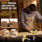 Junreox 2PCS Tongue and Groove Router Bit Set, 3rd Gen. 1/4 Shank Router Bits for 3/4" Stock, 1/2" Cutting Depth, Adjustable 3 Teeth Shaker Cabinet Door Router Bits for Woodworking, Milling, Cutting
