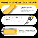 Junreox 4PCS Flush Trim Route Bit 1/4 Shank, Premium Pattern Flush Cut Route Bit with Bearing to Prevent Tear-Out, Straight Cut Carbide Tipped Template Router Bit for Woodworking, Milling, Trimming