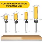 Junreox 4PCS Flush Trim Route Bit 1/4 Shank, Premium Pattern Flush Cut Route Bit with Bearing to Prevent Tear-Out, Straight Cut Carbide Tipped Template Router Bit for Woodworking, Milling, Trimming