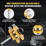 Junreox 2PCS Tongue and Groove Router Bit Set, 3rd Gen. 1/4 Shank Router Bits for 3/4" Stock, 1/2" Cutting Depth, Adjustable 3 Teeth Shaker Cabinet Door Router Bits for Woodworking, Milling, Cutting