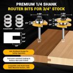 Junreox 2PCS Tongue and Groove Router Bit Set, 3rd Gen. 1/4 Shank Router Bits for 3/4" Stock, 1/2" Cutting Depth, Adjustable 3 Teeth Shaker Cabinet Door Router Bits for Woodworking, Milling, Cutting