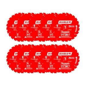 Diablo Framing Saw Blade for Wood - 7-1/4" x 24-Tooth, Thin Kerf, Anti-Vibration, Long Life for Framing & Pressure-Treated Wood, Tracking Point Tooth Design - Pack of 10 - D0724A