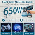 Paint Sprayer, 650W Cordless with 2 X 4000mAh 21V Battery, All Copper Motor 6 Nozzles & 3 Spray Modes, 1400ml Container, Paint Sprayer Gun for House Painting, Ideal for Fence Cabinets Wall