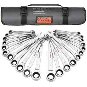 GRENPRO Ratcheting Wrench Set, Combination Wrench Set, 22-Piece SAE & Metric and Standard, 72Th Long Open End, 1/4" to 3/4" & 6-18mm, Organizer With Roll Up Pouch, CR-V Socket Mechanic Hand Tools Sets