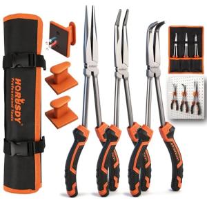 HORUSDY 3-Piece 11 Inch Long Reach Needle Nose Pliers Set, Extra Long Straight, 45° & 90° Bent Nose Pliers with 3 Magnetic Plier Racks and Roll-Up Storage Bag for Tight Spaces