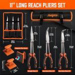 HORUSDY 3-Piece 11 Inch Long Reach Needle Nose Pliers Set, Extra Long Straight, 45° & 90° Bent Nose Pliers with 3 Magnetic Plier Racks and Roll-Up Storage Bag for Tight Spaces