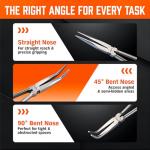 HORUSDY 3-Piece 11 Inch Long Reach Needle Nose Pliers Set, Extra Long Straight, 45° & 90° Bent Nose Pliers with 3 Magnetic Plier Racks and Roll-Up Storage Bag for Tight Spaces