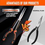 HORUSDY 3-Piece 11 Inch Long Reach Needle Nose Pliers Set, Extra Long Straight, 45° & 90° Bent Nose Pliers with 3 Magnetic Plier Racks and Roll-Up Storage Bag for Tight Spaces