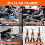 HORUSDY 3-Piece 11 Inch Long Reach Needle Nose Pliers Set, Extra Long Straight, 45° & 90° Bent Nose Pliers with 3 Magnetic Plier Racks and Roll-Up Storage Bag for Tight Spaces