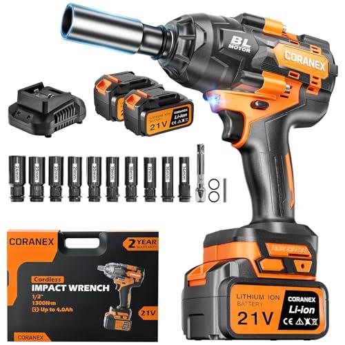 CORANEX 1/2" Cordless Impact Wrench | 1300N.m (960ft-lbs) | 2x4.0Ah Batteries - Longer Runtime | Fast Charger | Variable Speed Control | Brushless Motor High Torque Impact Gun for Auto Repair, Home