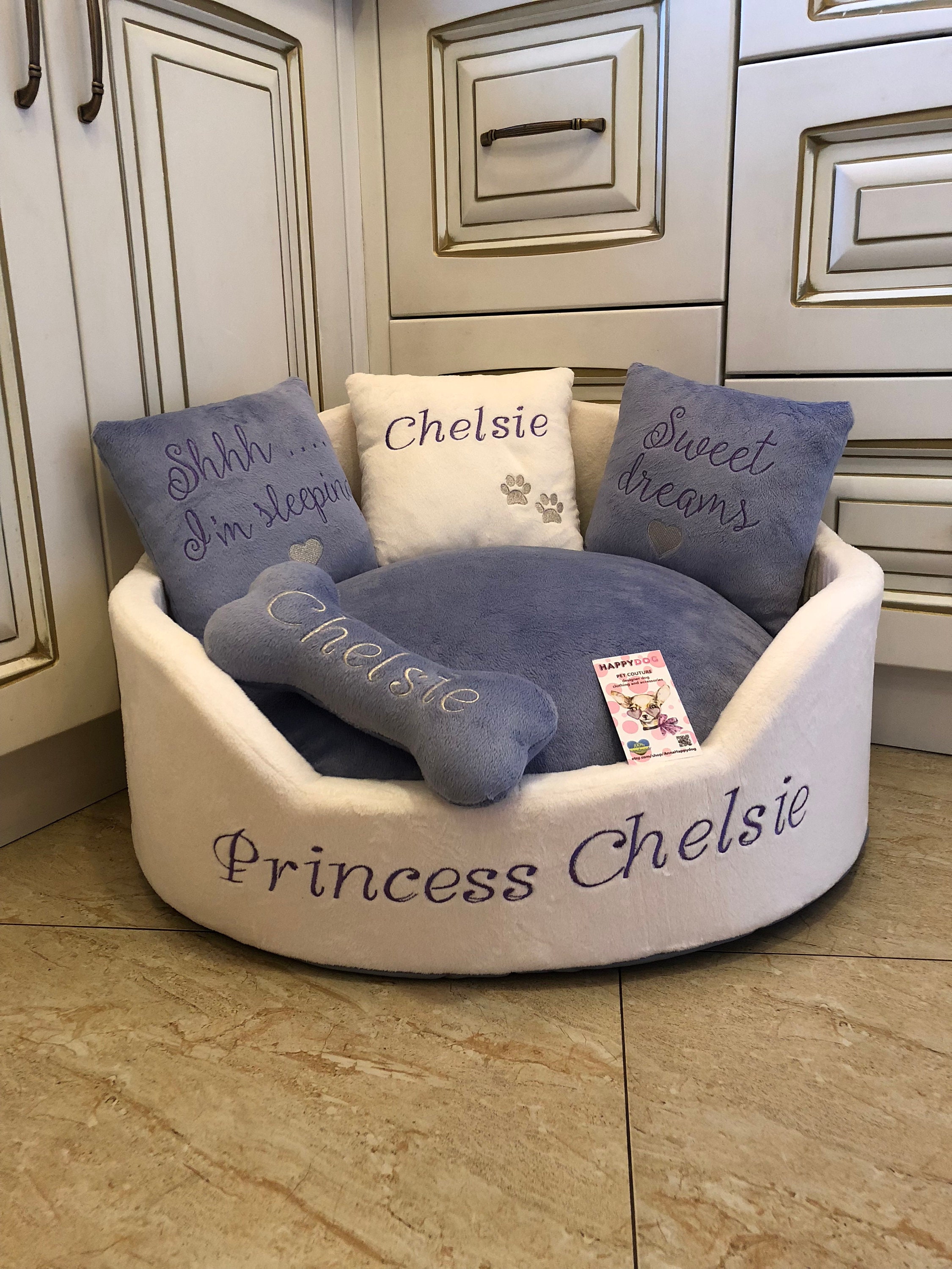 Personalized Cream and Lavender Dog Bed
