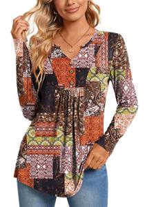 CATHY Women's Pleated Tunic V-Neck Long Sleeve Top