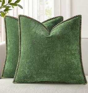 Set of 2 Forest Green Chenille Throw Pillow Covers