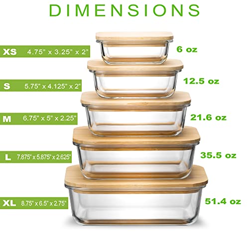 Glass Food Storage Containers with Bamboo Lids, Set of 5