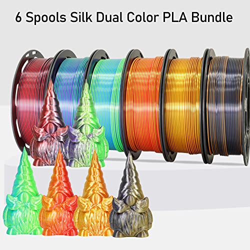 MIKA3D Dual Color Silk PLA Filament Bundle, 6 Pack