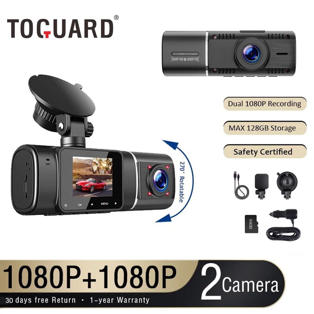TOGUARD 1080P Dual Dash Cam with 64GB SD Card