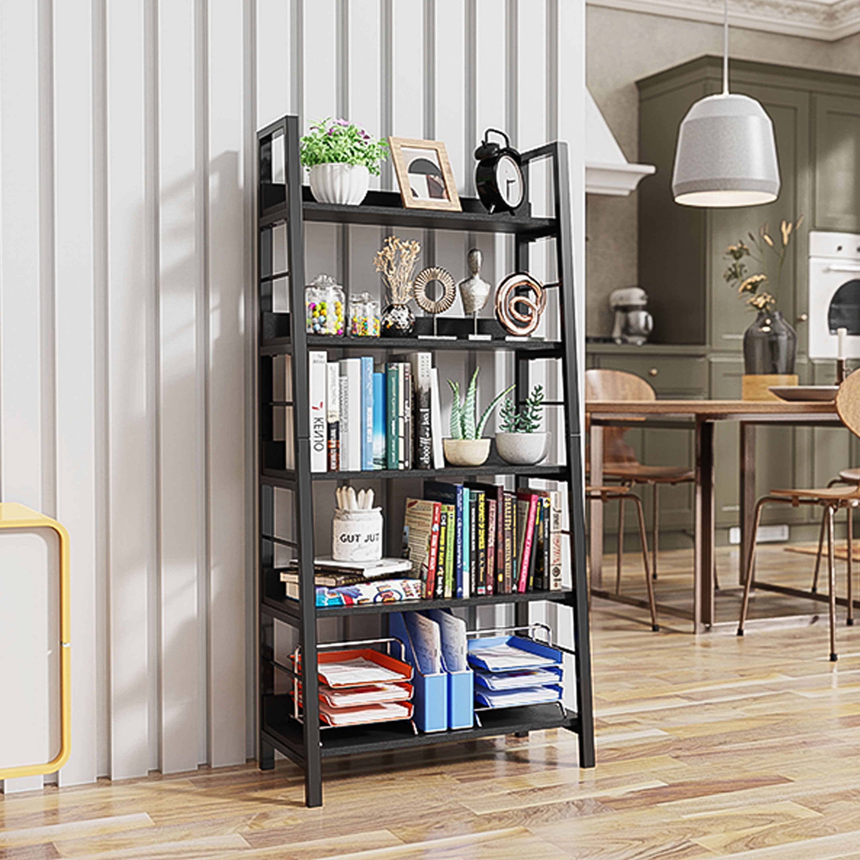 5-Tier Black Ladder Bookshelf for Home Office