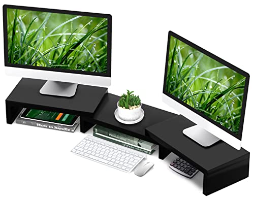 Adjustable Dual Monitor Stand with Storage Shelves
