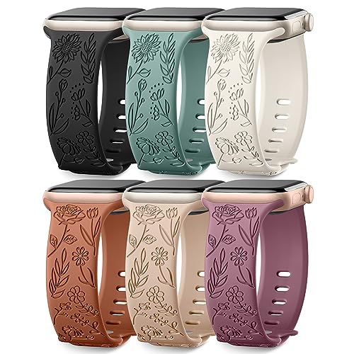 Floral Engraved Silicone Apple Watch Bands - 6 Pack