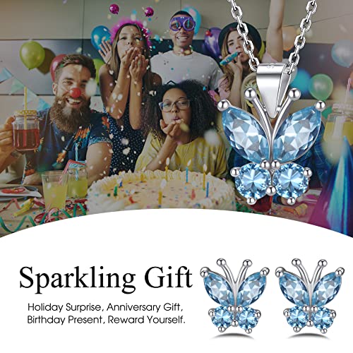 Silver Butterfly Stud Earrings with Aquamarine