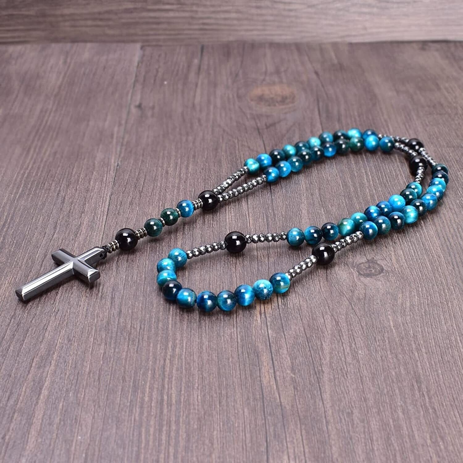 Blue Tiger's Eye and Hematite Cross Necklace