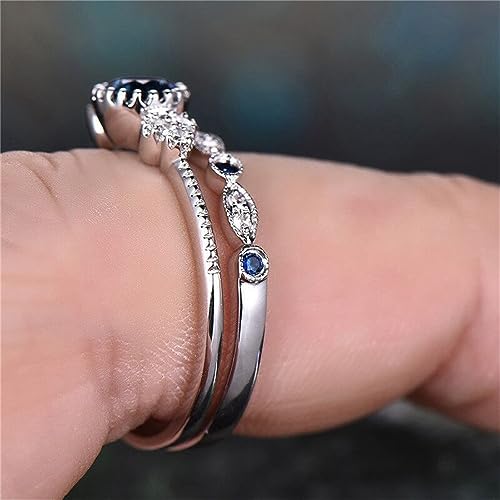 Natural Sapphire & CZ Silver Promise Ring Set