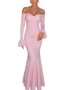 meilun Off-Shoulder Long-Sleeved Floor-Length Dress Fitted and Figure-Hugging Fishtail Gown(Pink,M)
