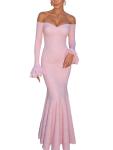 meilun Off-Shoulder Long-Sleeved Floor-Length Dress Fitted and Figure-Hugging Fishtail Gown(Pink,M)