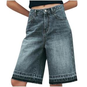 Bermuda Jean Shorts for Women Trendy 2025 High Waisted Wide Leg Stretchy Knee Length Denim Shorts Streetwear Dark Blue Curvy Shorts for Women M