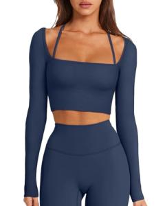 LASLULU Womens Long Sleeve Tops Halter Neck Tight Athletic Workout Gym Shirts Seamless Ribbed Tops Compression Shirts Crop Tops for Teens(Navy Blue Medium)