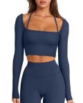 LASLULU Womens Long Sleeve Tops Halter Neck Tight Athletic Workout Gym Shirts Seamless Ribbed Tops Compression Shirts Crop Tops for Teens(Navy Blue Medium)