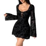 Womens Dress Sexy Square Neck Long Sleeve Dresses High Waist Floral Lace Cutout Bow Backless Hip-Hugging Dresses Black