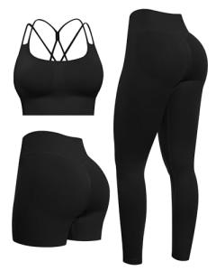 NORMOV Butt lifting Workout Sets for Women – Gym Activewear with Seamless Leggings,Shorts,and Padded Criss-Cross Sports Bras(Black,M)