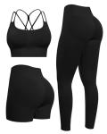 NORMOV Butt lifting Workout Sets for Women – Gym Activewear with Seamless Leggings,Shorts,and Padded Criss-Cross Sports Bras(Black,M)