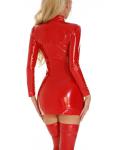 Ausing Women's Mirror Finish PU Leather Tight Dress Long Sleeves Adjustable Straps Club Shiny PU Partywear S Red