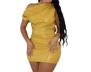 SanJoyFit One Shoulder PU Leather Bodycon Dress, Black Sleeveless Hip Hugging Mini Dress, Sexy Nightclub Party Cocktail Dress(Yellow,Large)