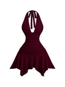 Burgundy Backless Asymmetrical Halter Mini Dress
