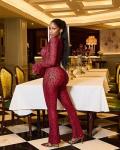 Kafiloe Club Outfits for Women Sexy 2 Piece Sets Going Out Mesh Long Sleeve Crop Top Bodycon Flare Pants Clubwear Red S