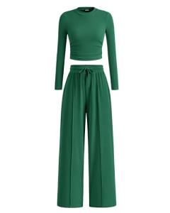 BTFBM Casual 2 Piece Sets For Women Fall Outfits 2026 Ribbed Spring Long Sleeve Crop Top Wide Leg Pants Matching Lounge Set(Dark Green, X-Large)