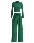 BTFBM Casual 2 Piece Sets For Women Fall Outfits 2026 Ribbed Spring Long Sleeve Crop Top Wide Leg Pants Matching Lounge Set(Dark Green, X-Large)