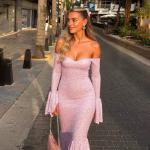 meilun Off-Shoulder Long-Sleeved Floor-Length Dress Fitted and Figure-Hugging Fishtail Gown(Pink,M)