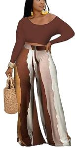 BFFBABY 2 Piece Outfits for Women Sexy Backless Long Sleeve Crop Top High Waist Wide Leg Long Pant Sets Tracksuit Printed Set