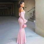 meilun Off-Shoulder Long-Sleeved Floor-Length Dress Fitted and Figure-Hugging Fishtail Gown(Pink,M)