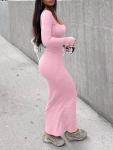Womens Sexy Elegant Long Sleeve Ribbed Knit Scoop Neck Curve Hugging Dress For Summer