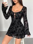 Womens Dress Sexy Square Neck Long Sleeve Dresses High Waist Floral Lace Cutout Bow Backless Hip-Hugging Dresses Black