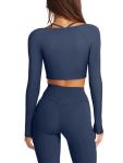 LASLULU Womens Long Sleeve Tops Halter Neck Tight Athletic Workout Gym Shirts Seamless Ribbed Tops Compression Shirts Crop Tops for Teens(Navy Blue Medium)