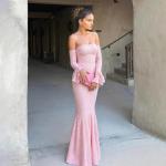 meilun Off-Shoulder Long-Sleeved Floor-Length Dress Fitted and Figure-Hugging Fishtail Gown(Pink,M)